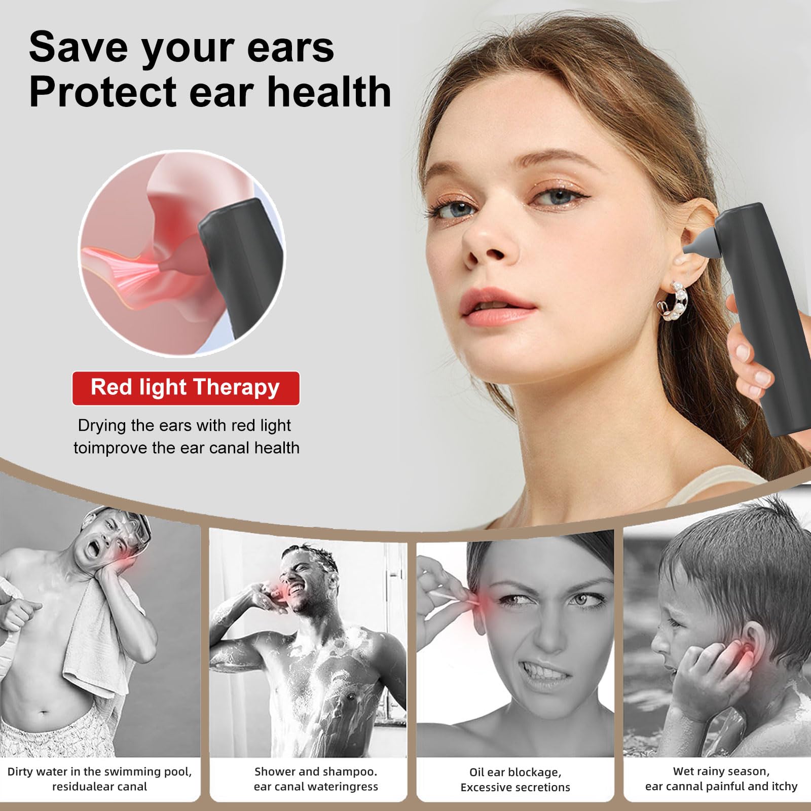 Hobcoyrs ear-drier in swim-use pose highlights quick moisture drying after swimming.