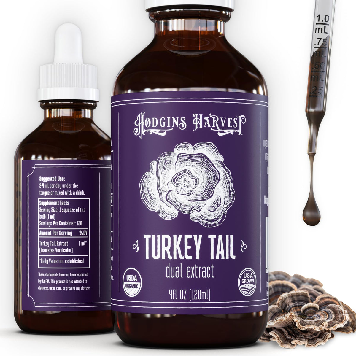 Hodgins Harvest turkey tail tincture bottle with deep color for antioxidant-rich wellness.