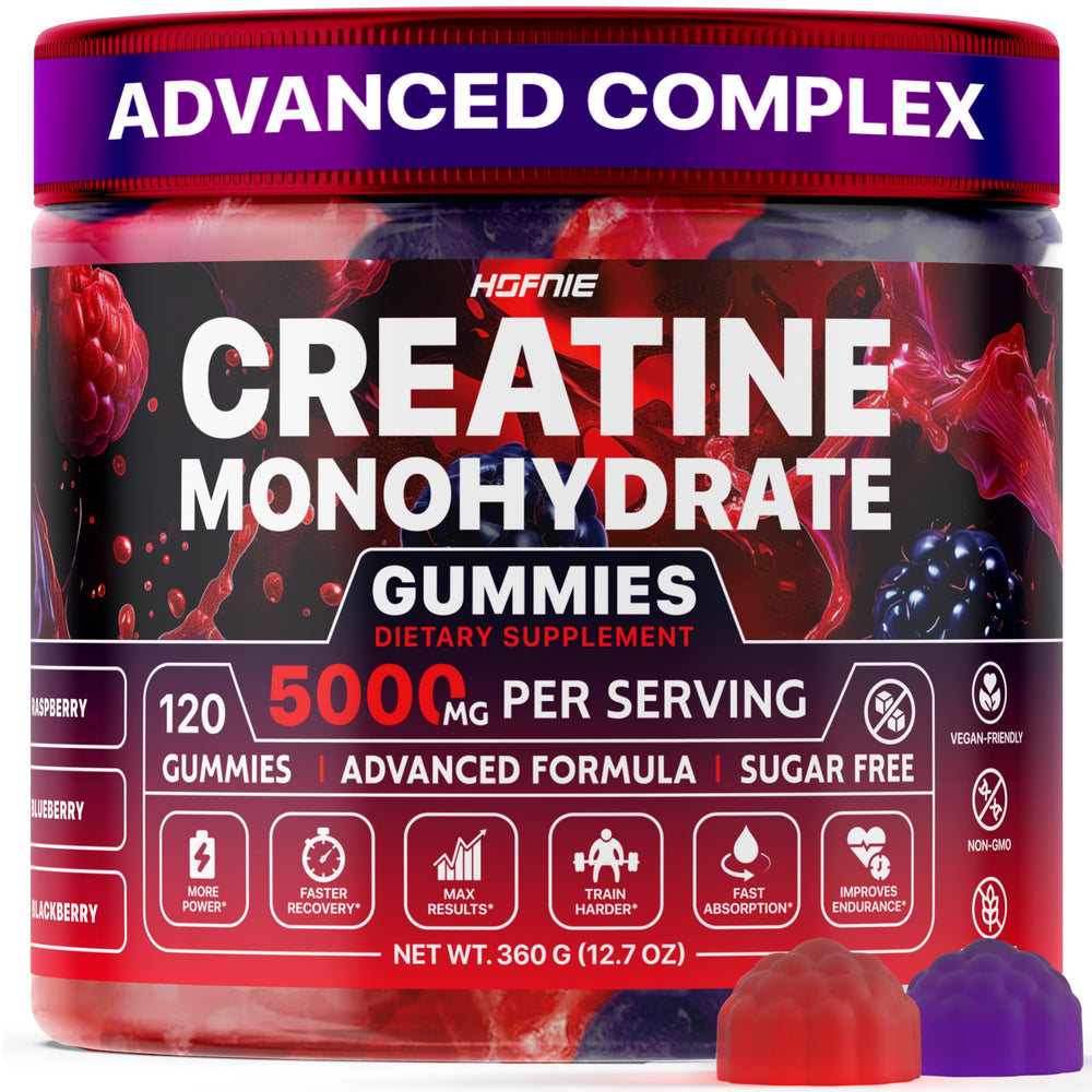 Hofnie creatine gummies bottle front for convenient daily energy and muscle support.