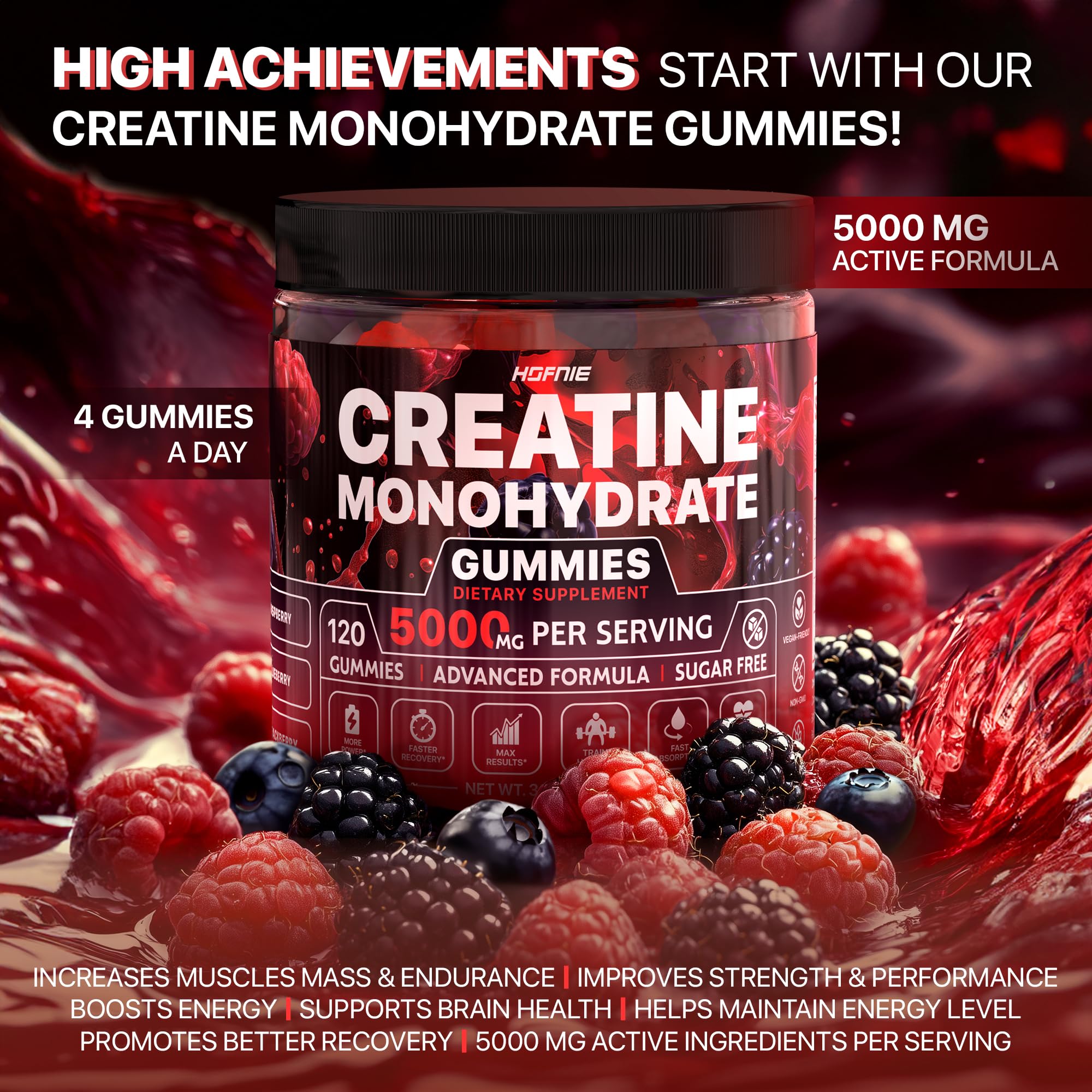 Hofnie creatine monohydrate gummies closeup flavors show raspberry and blackberry taste for enjoyable pre/post workouts.