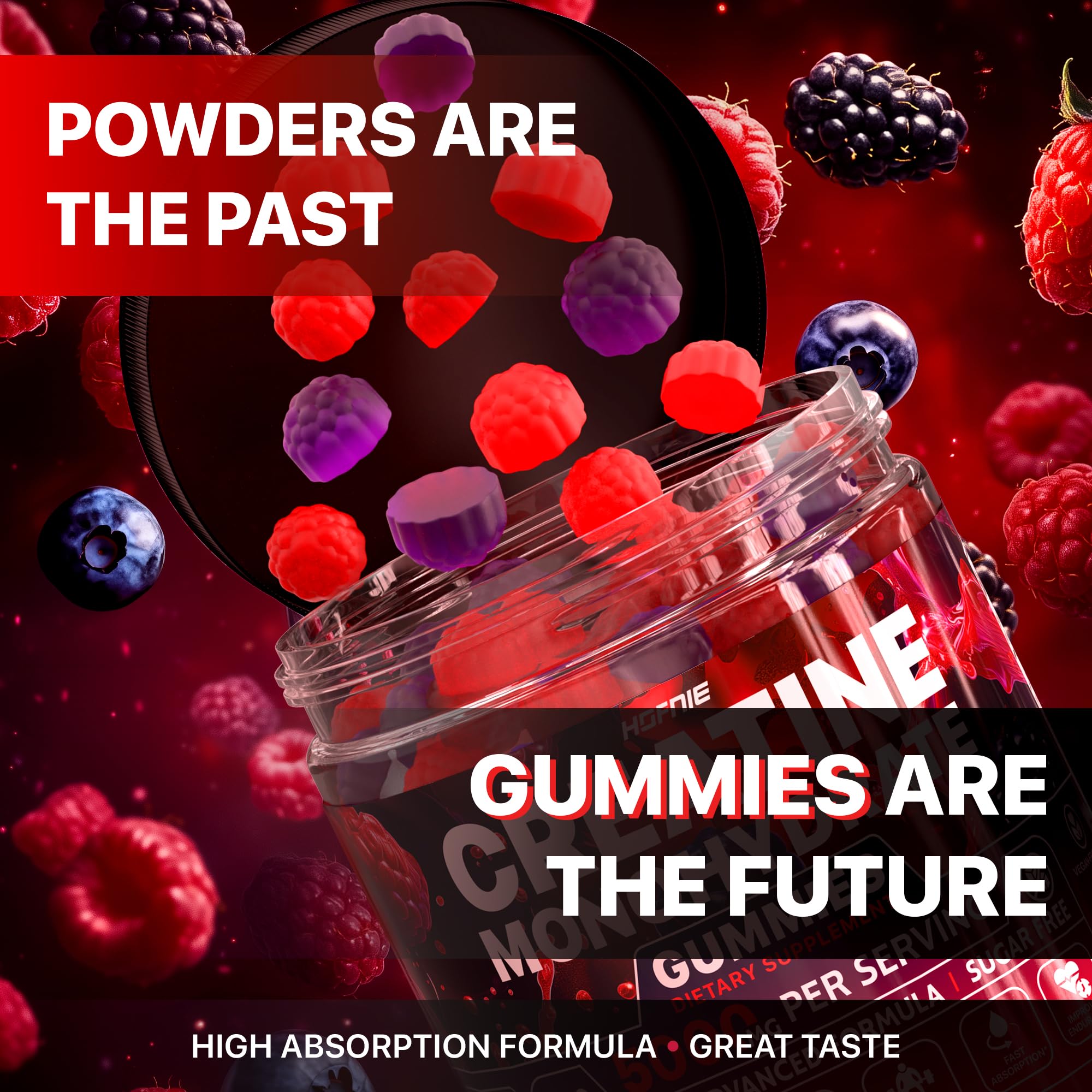 Hofnie creatine monohydrate gummies dosage instruction image communicates 4 gummies per serving.