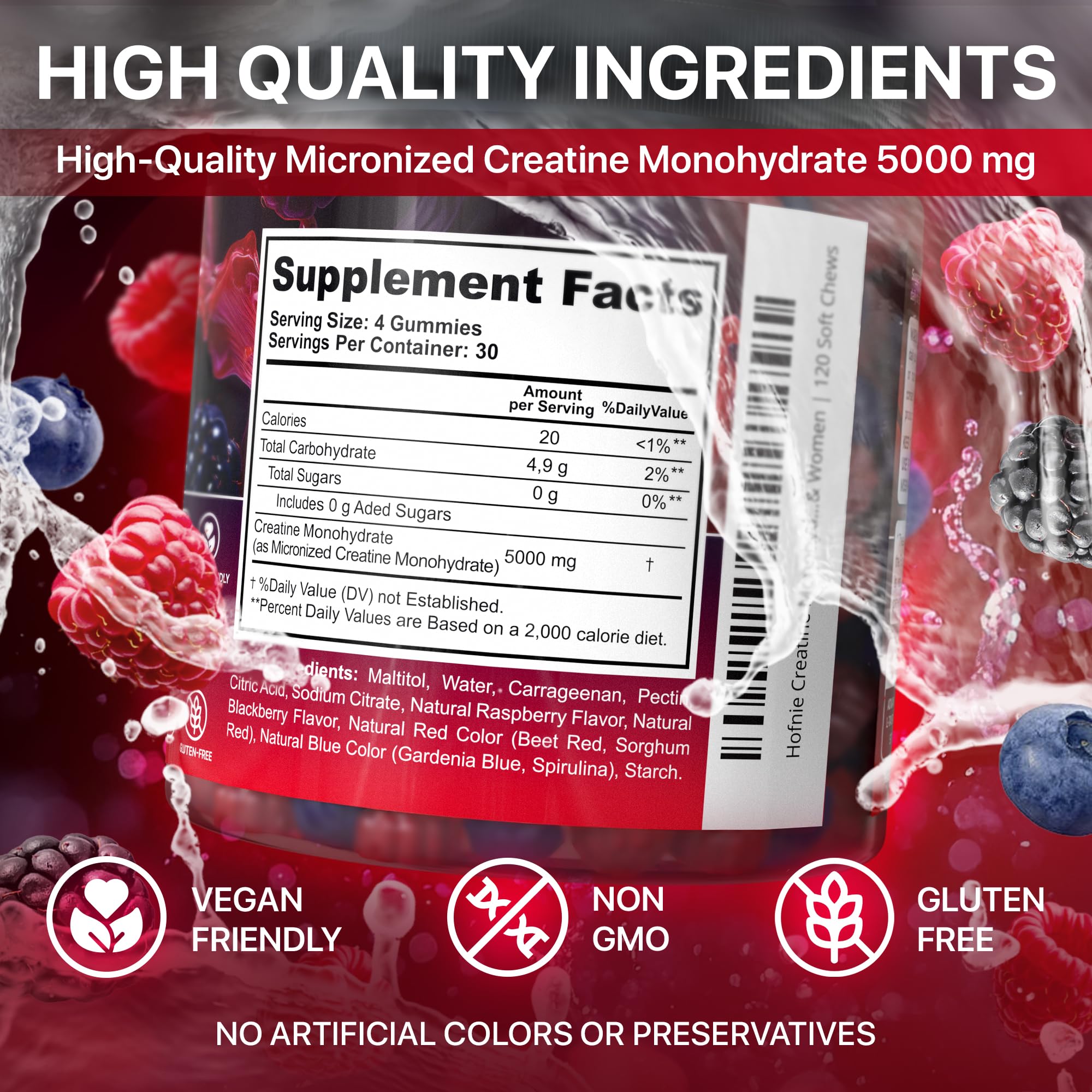 Hofnie creatine monohydrate gummies ingredients closeup highlights vegan and non-GMO attributes.