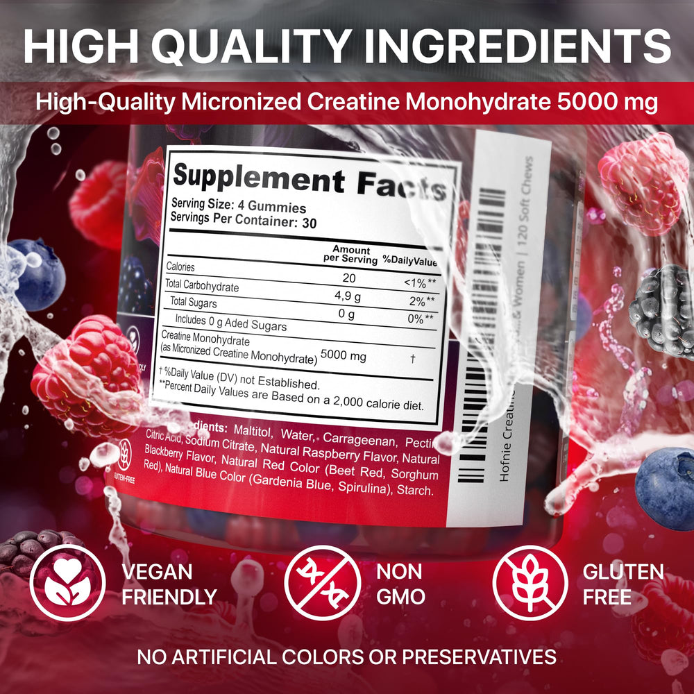 Hofnie creatine monohydrate gummies ingredients closeup highlights vegan and non-GMO attributes.