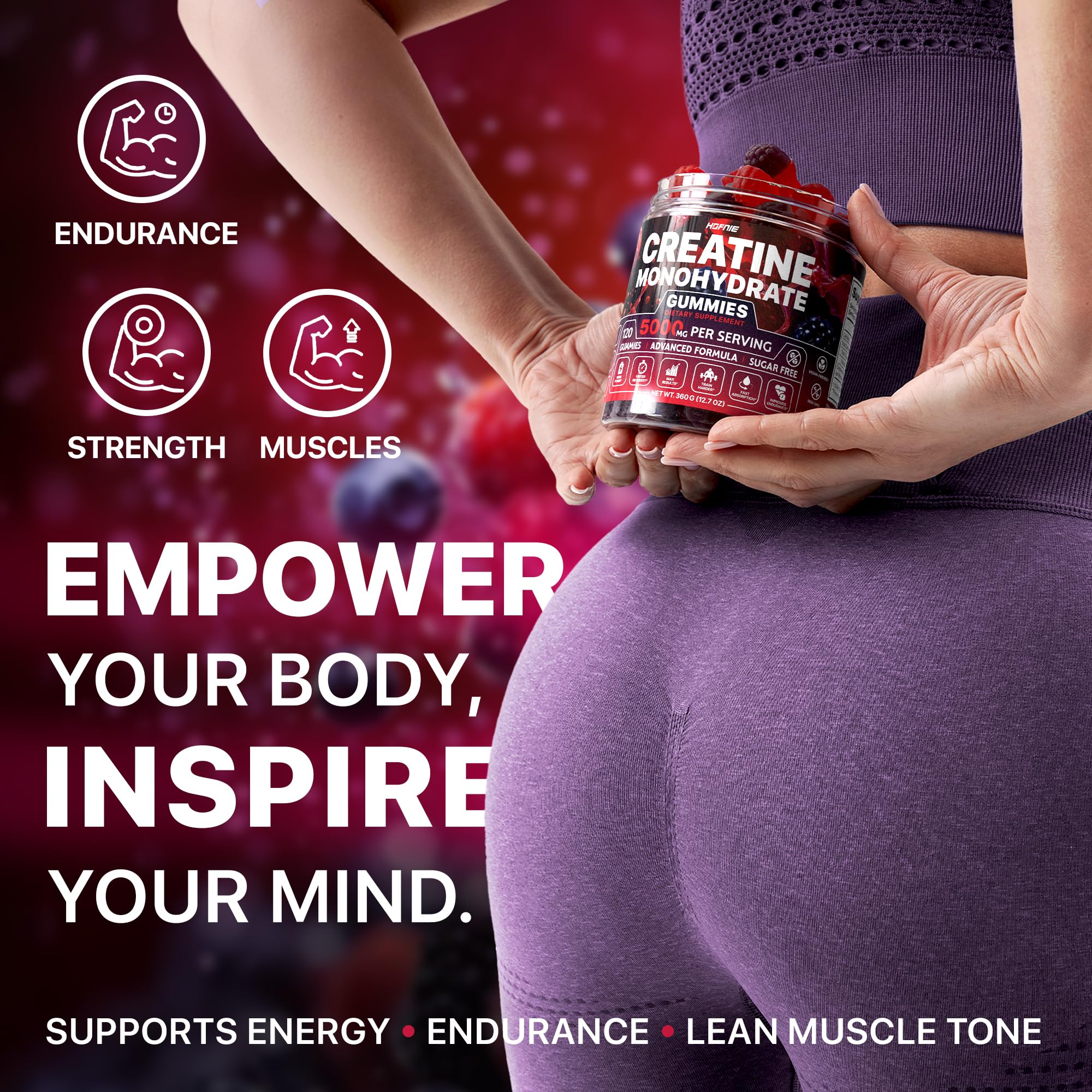 Hofnie creatine monohydrate gummies vegan sugar-free label highlights clean energy without sugar crash.