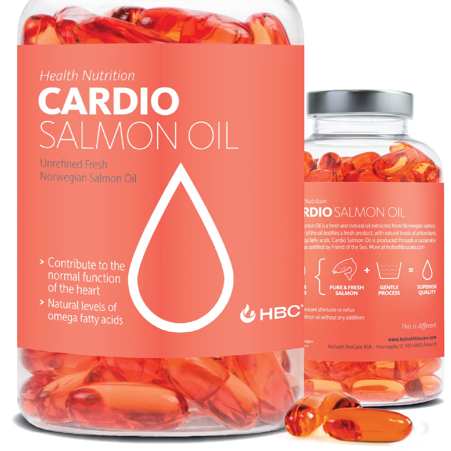 Hofseth BioCare Omega-3 bottle with Norwegian salmon oil for daily heart and brain support.
