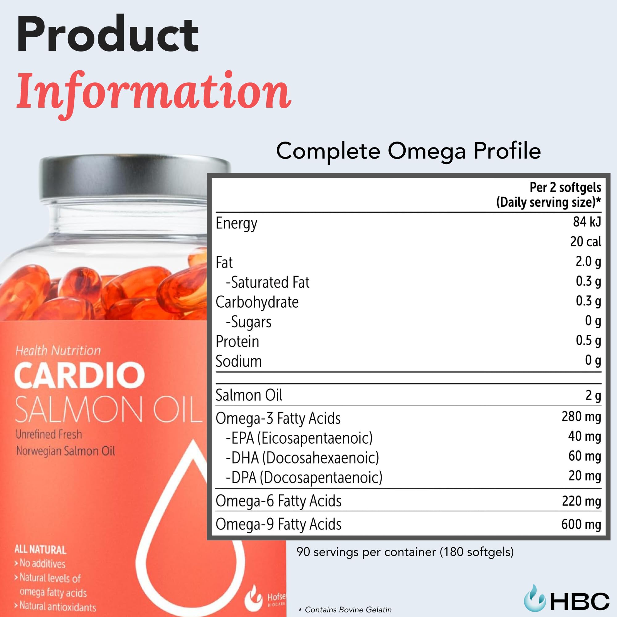 Hofseth BioCare seal with nutrition facts indicates Norwegian origins and transparency.