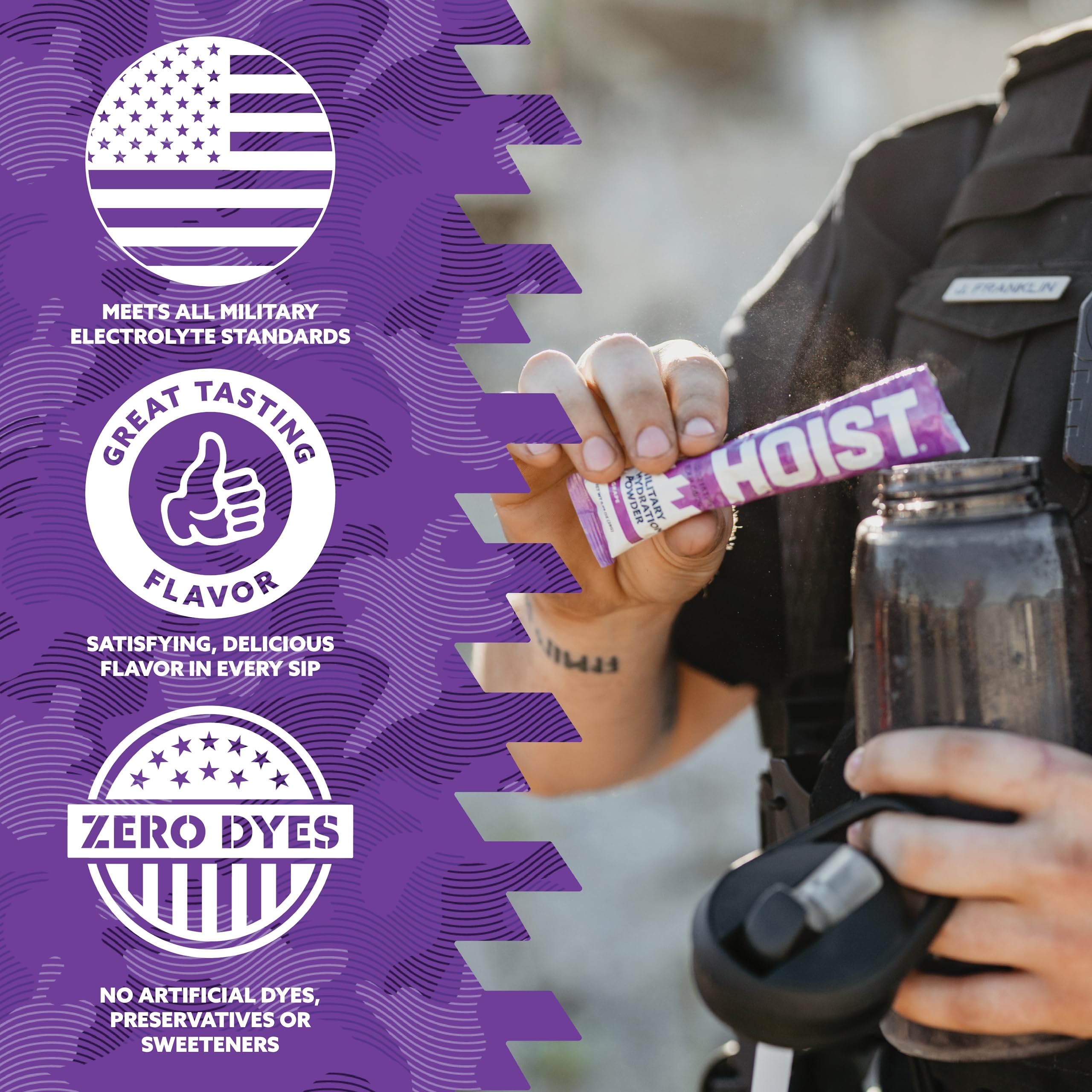HOIST military hydration grape formula emphasizes balanced electrolytes for demanding days.