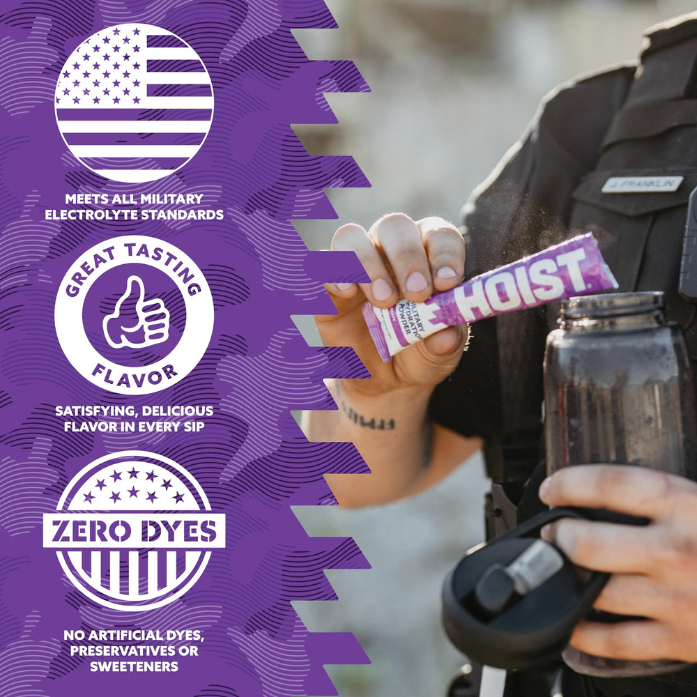 HOIST military hydration grape formula emphasizes balanced electrolytes for demanding days.