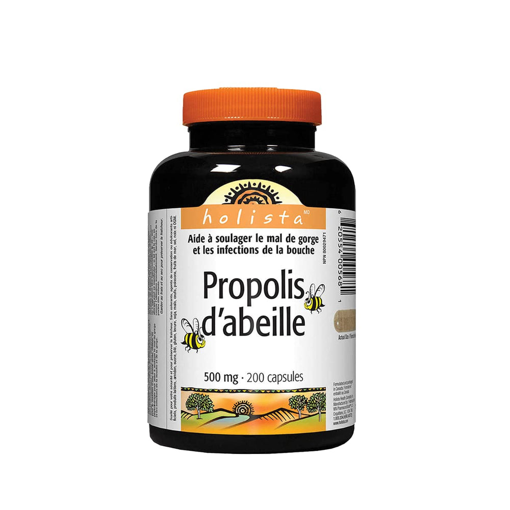 Close-up of Holista Bee Propolis capsules for easy daily supplementation.