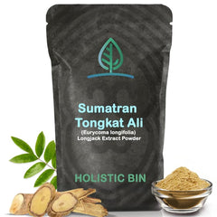 Holistic Bin Tongkat Ali powder from 15-year roots in resealable pouch for daily energy.