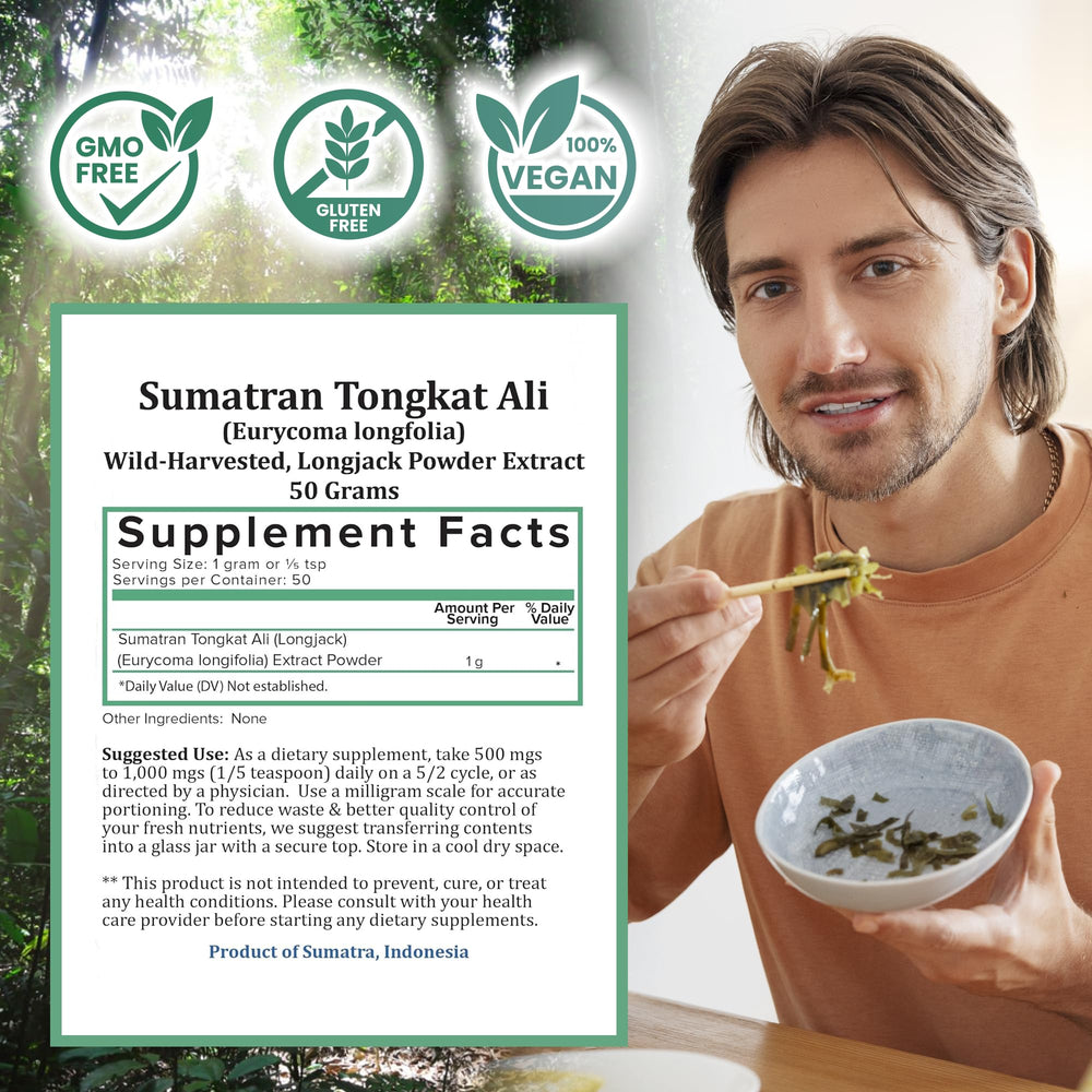 Holistic Bin Tongkat Ali powder finely milled for precise dosing and blending.