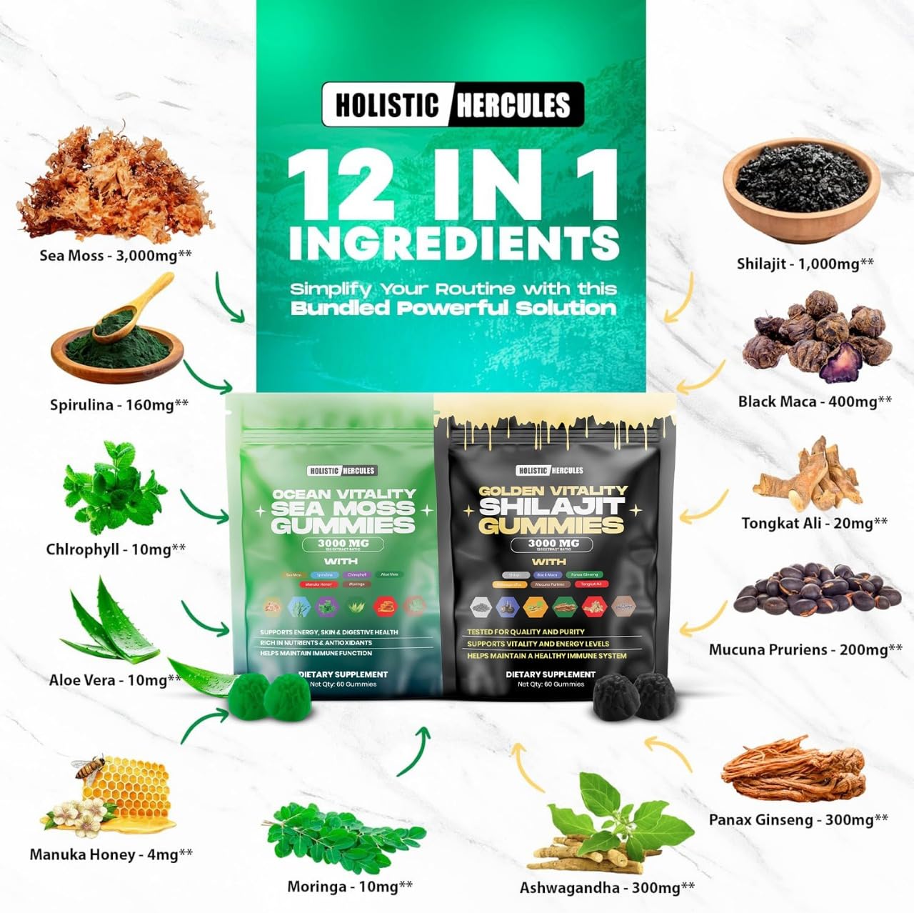 Holistic Hercules gummies with Ashwagandha and spirulina for daily wellness.