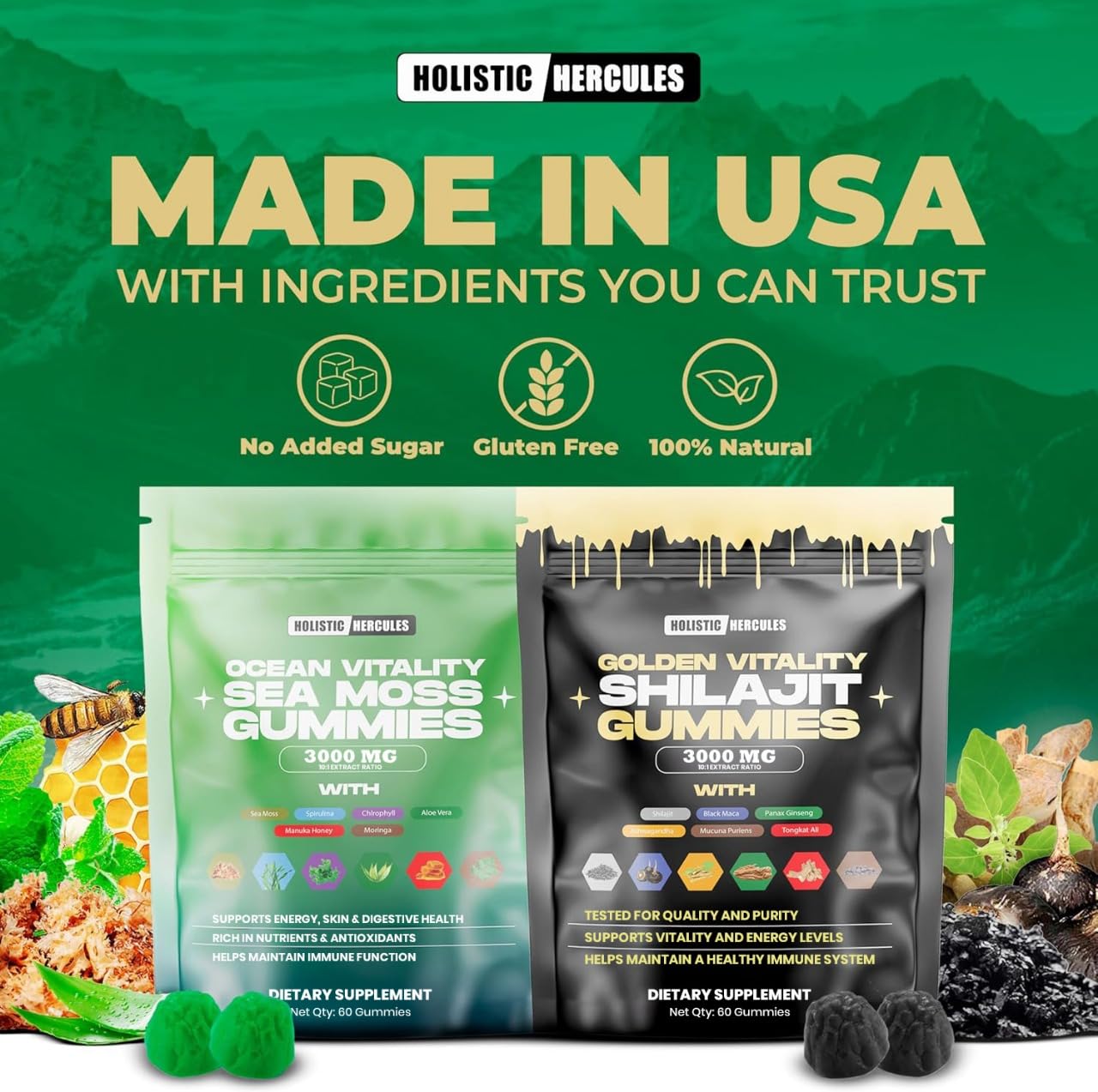 Holistic Hercules Sea Moss Gummies close-up showing spirulina and Manuka honey flavors.