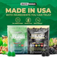 Holistic Hercules Sea Moss Gummies close-up showing spirulina and Manuka honey flavors.