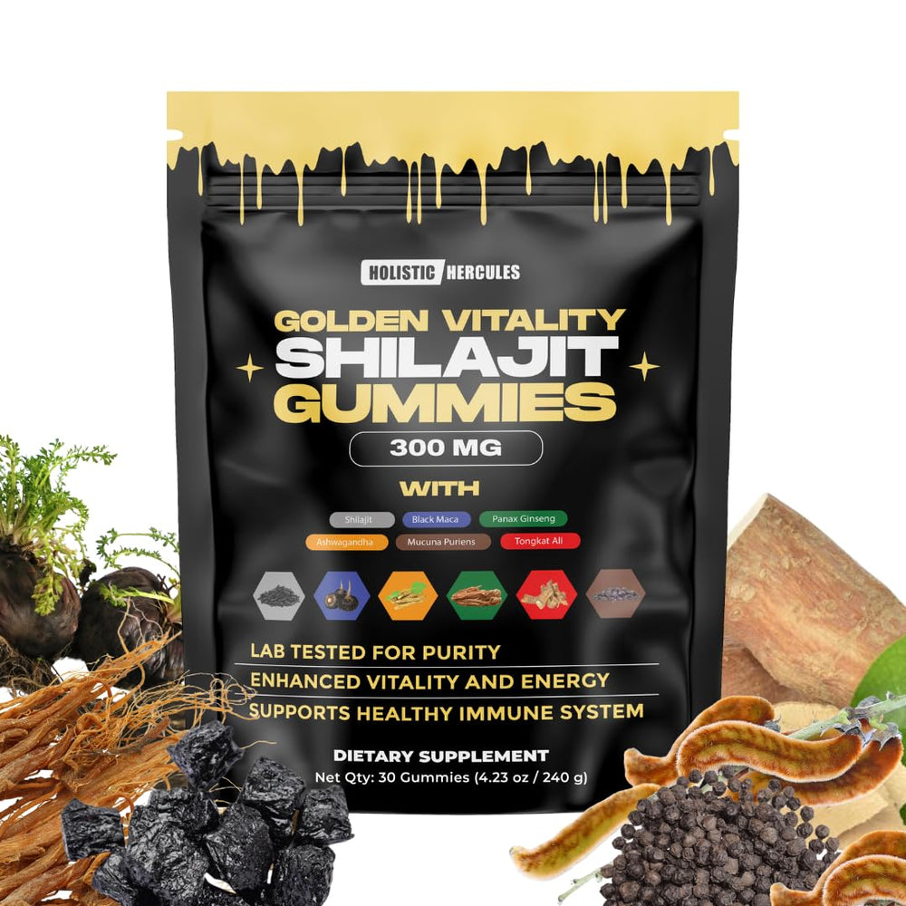 Holistic Hercules Shilajit Gummies ingredients scene with natural botanicals.