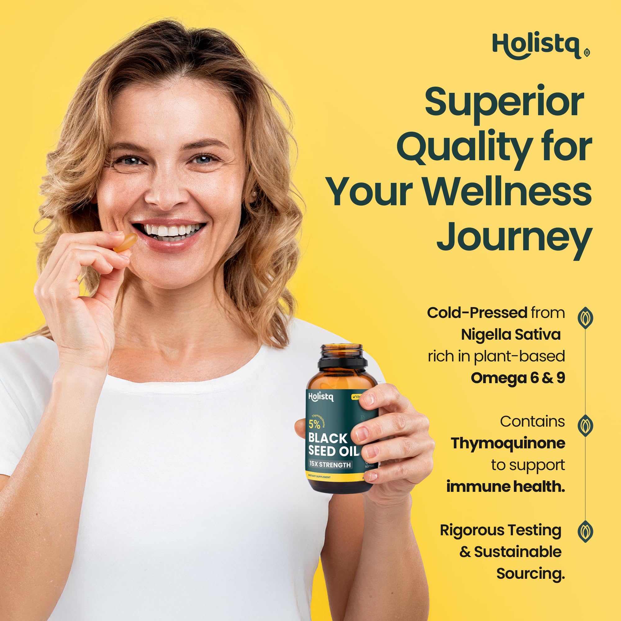 HOLISTQ cold-pressed black seed oil softgels highlighting maximum potency.