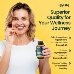 HOLISTQ cold-pressed black seed oil softgels highlighting maximum potency.