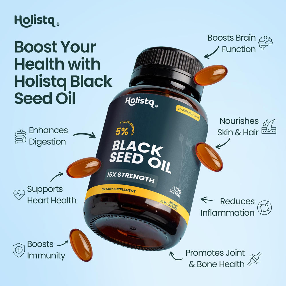 HOLISTQ nigella sativa oil ingredients panel emphasizing purity and potency.