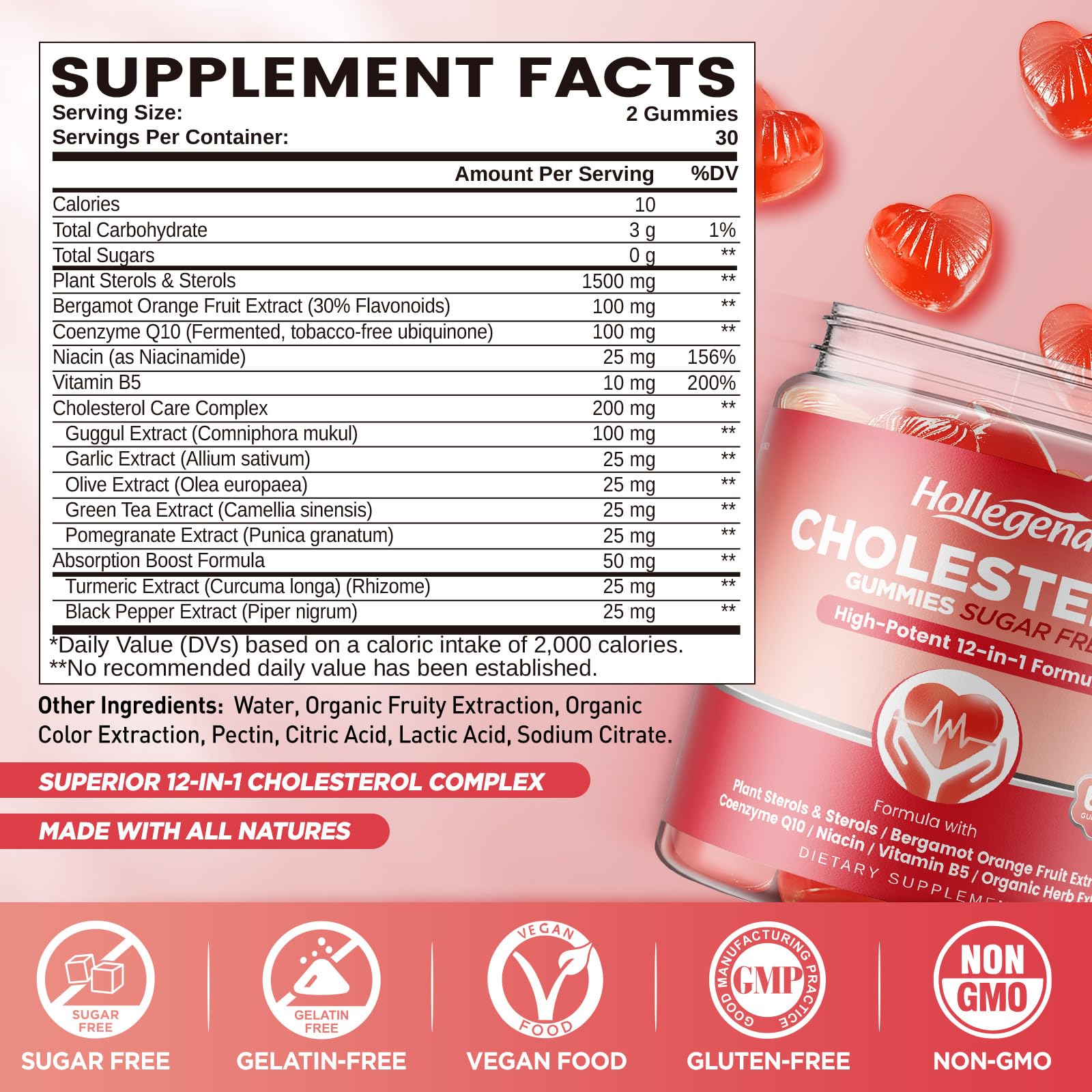 HOLLEGEND bottle label highlighting plant sterols and bergamot for cholesterol health support