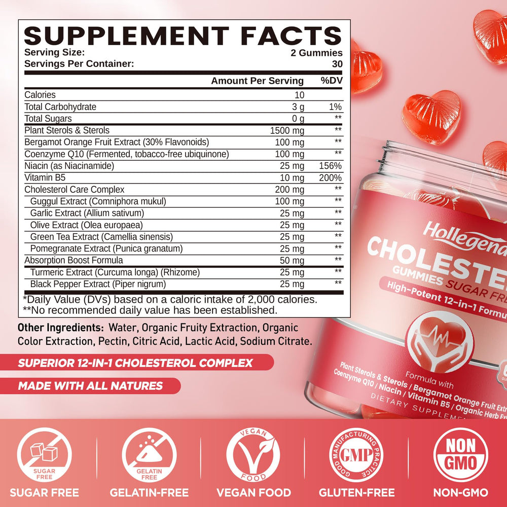 HOLLEGEND bottle label highlighting plant sterols and bergamot for cholesterol health support