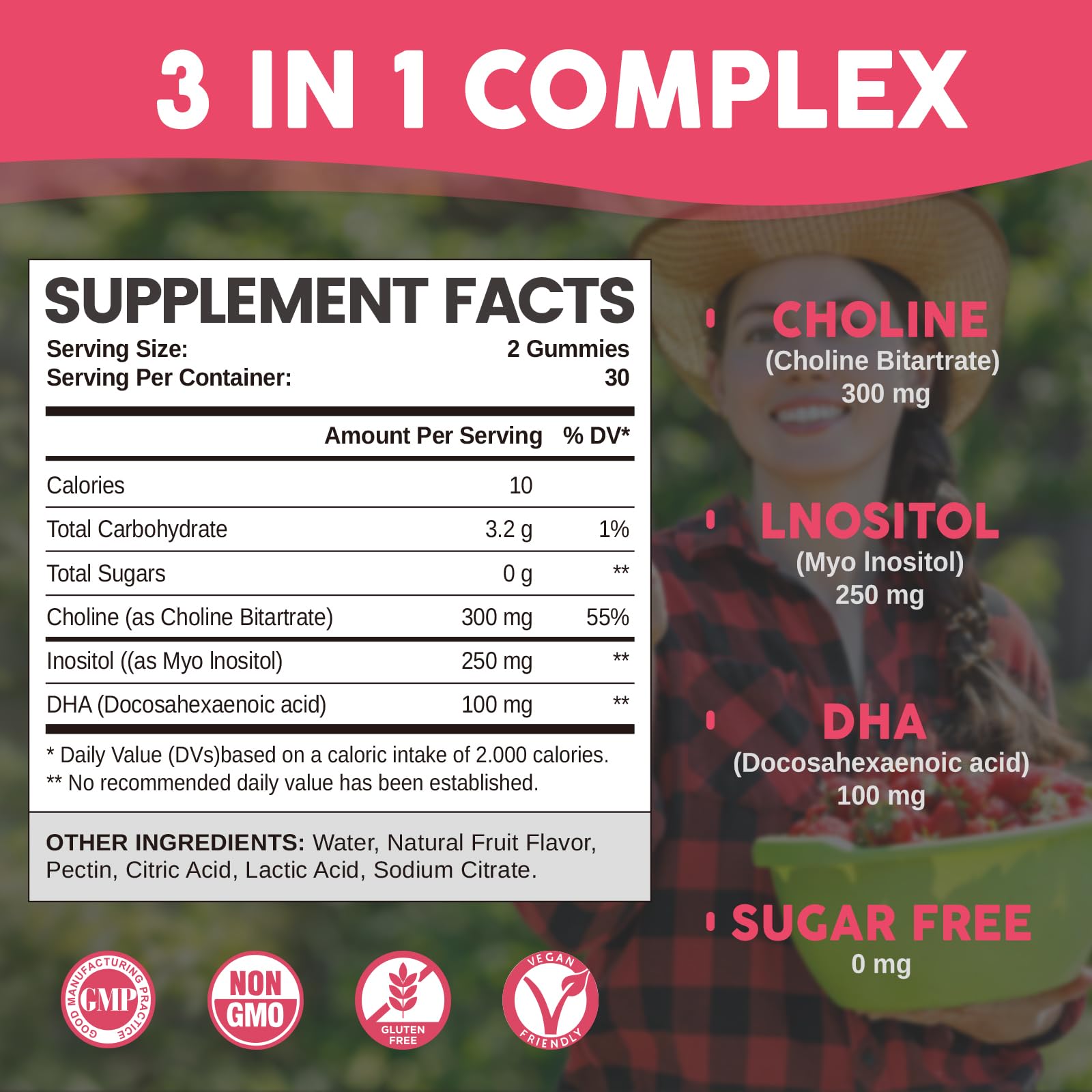 HOLLEGEND choline inositol dha gummies jar highlighting brain health nutrients