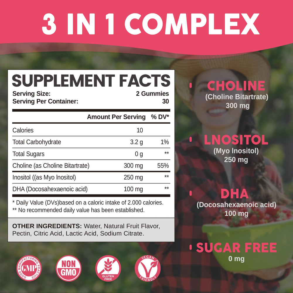 HOLLEGEND choline inositol dha gummies jar highlighting brain health nutrients