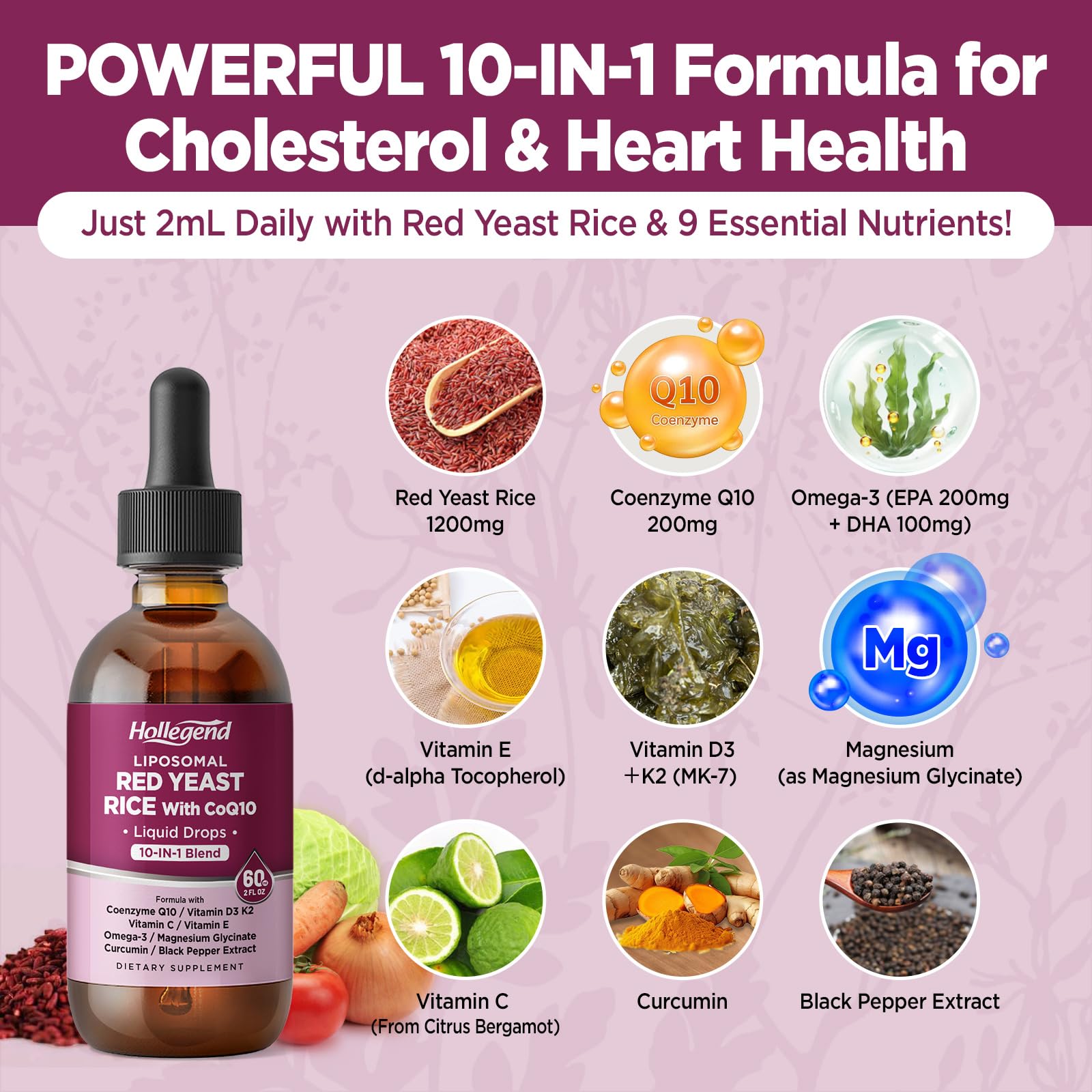 HOLLEGEND ubiquinol CoQ10 liquid drops emphasizing antioxidant support and metabolism
