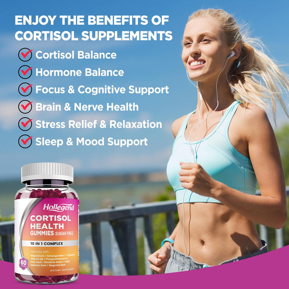 HOLLEGEND cortisol gummies being poured from bottle for easy daily use
