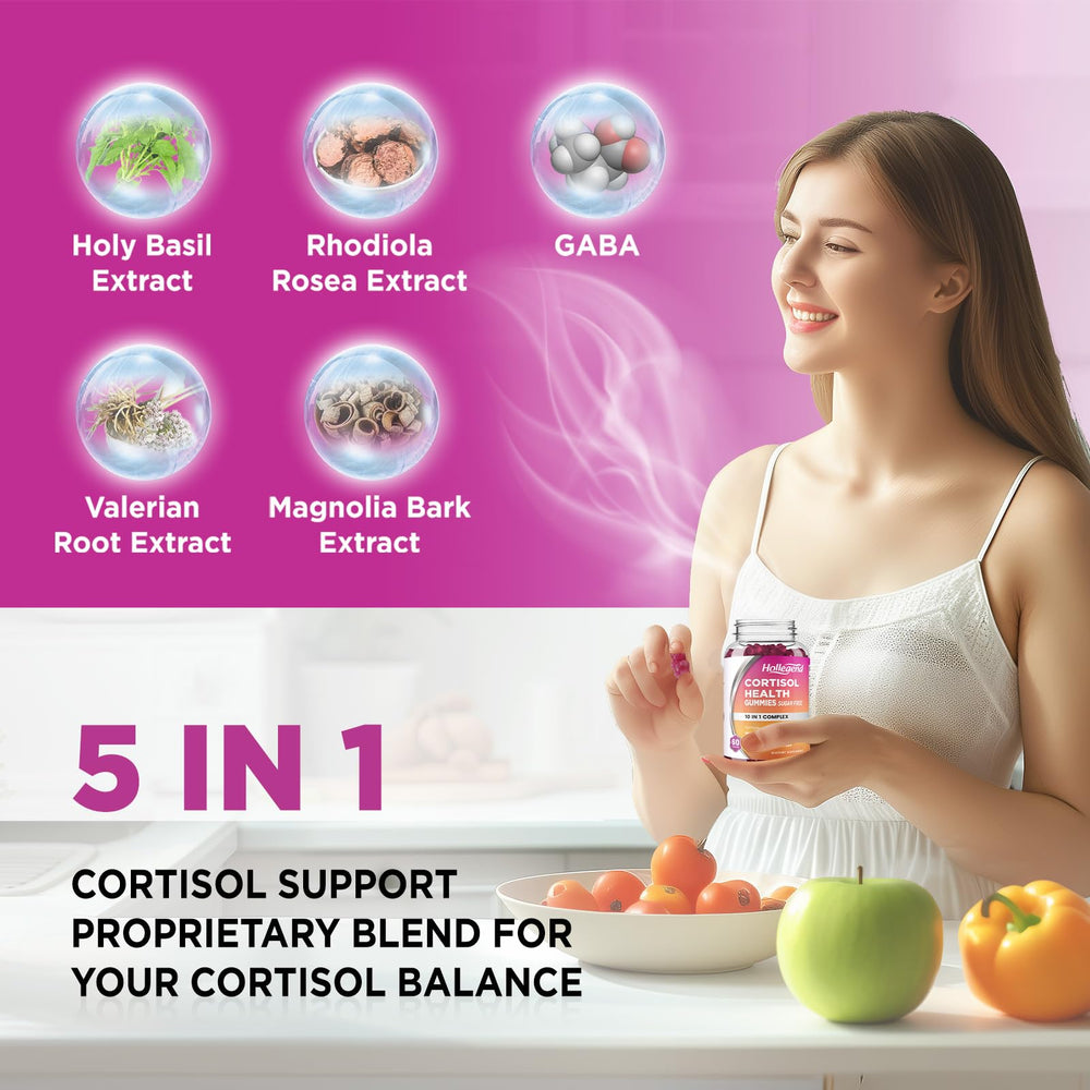 HOLLEGEND cortisol-label-view with clear ingredient listing and sugar-free formula