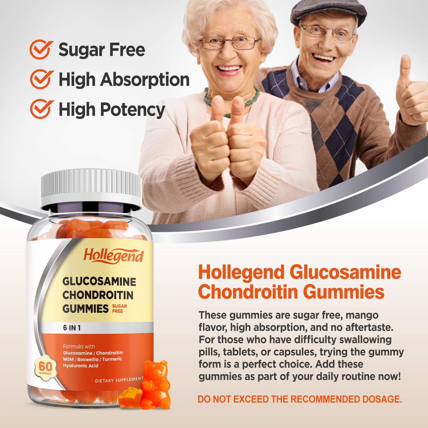HOLLEGEND Glucosamine Chondroitin Gummies packaging emphasizing sugar-free and gelatin-free
