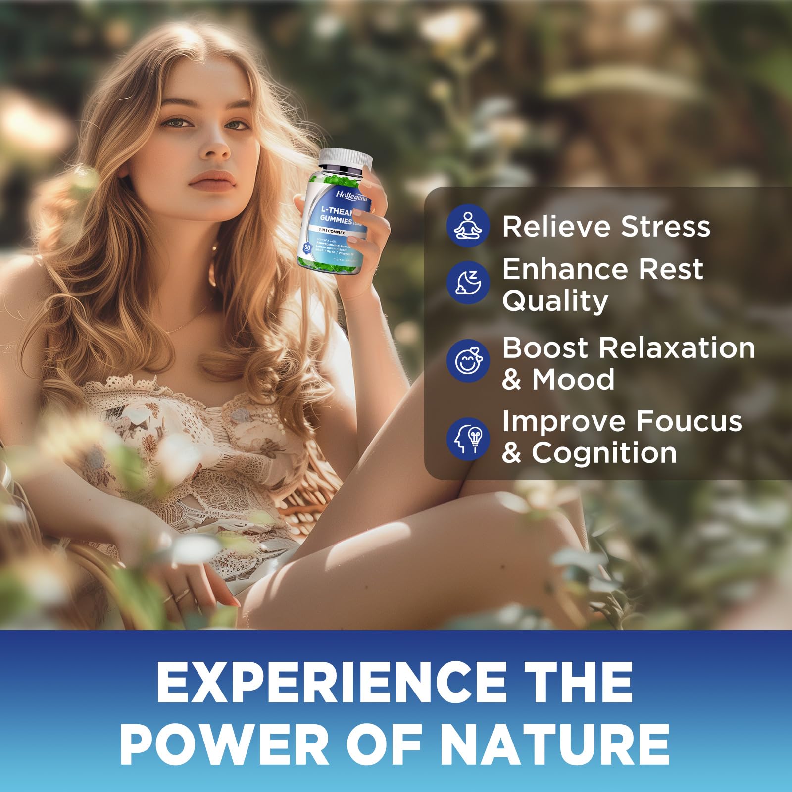 GMP-certified seal beside HOLLEGEND L-Theanine Gummies packaging