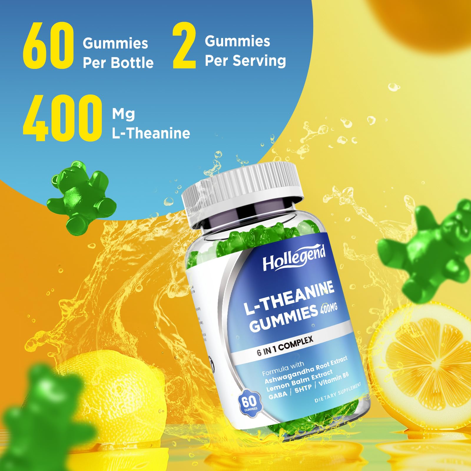 Lemon flavor highlighted by fresh lemons beside HOLLEGEND gummies