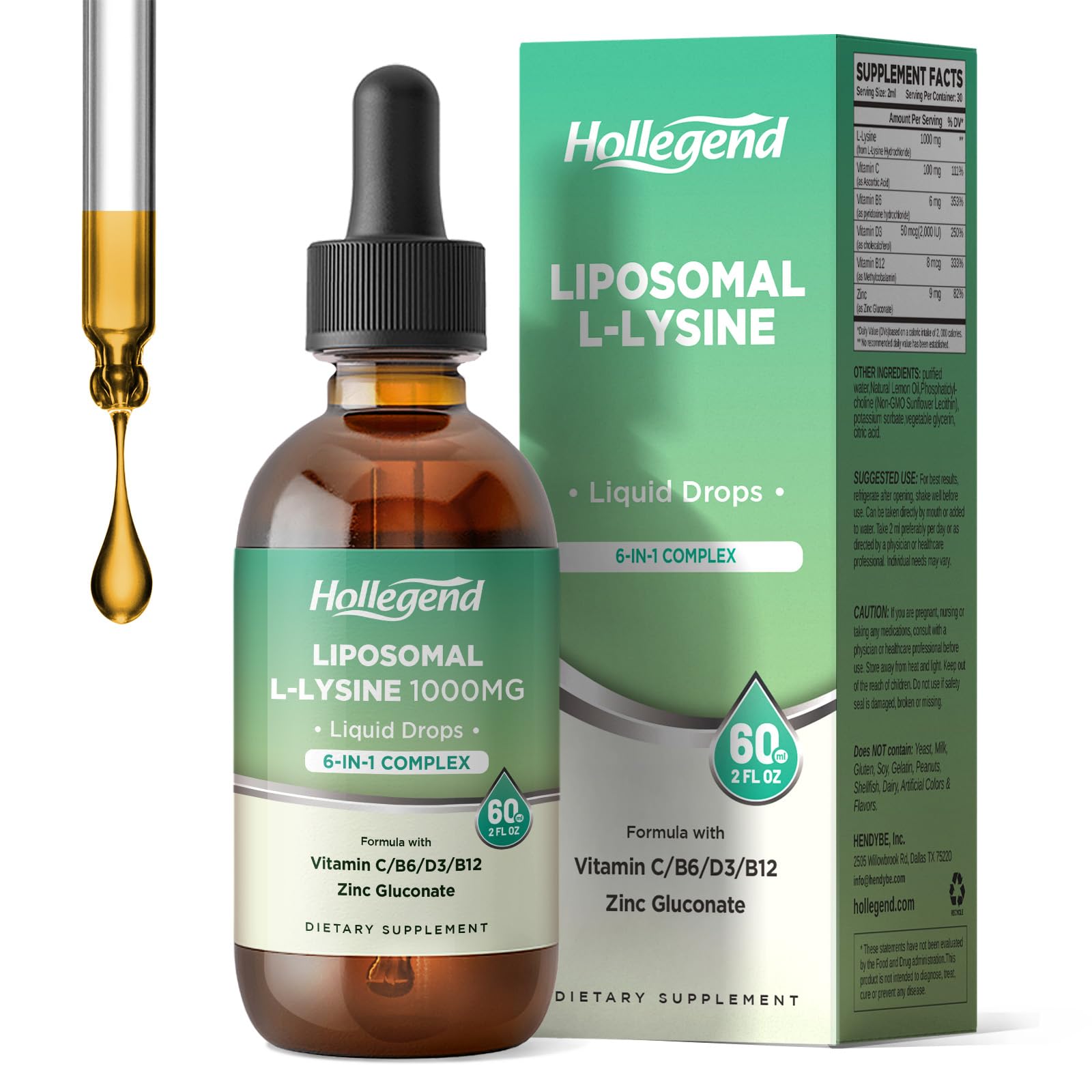 HOLLEGEND liposomal lysine bottle for daily immune support in a 2 fl oz pack.