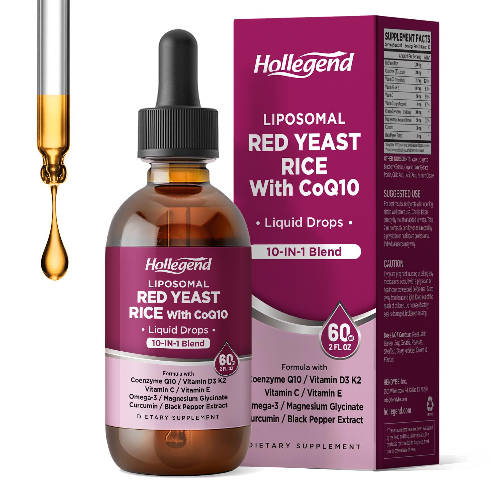 HOLLEGEND liposomal red yeast rice bottle highlighting 1200mg extract for heart health potential