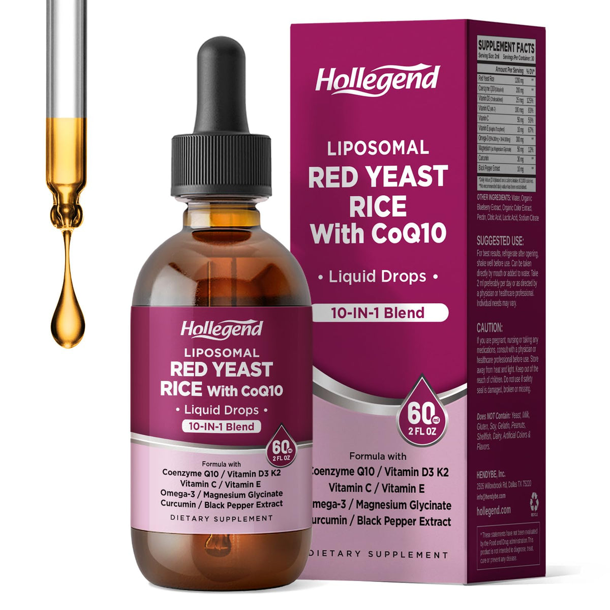 HOLLEGEND liposomal red yeast rice bottle highlighting 1200mg extract for heart health potential