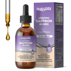 HOLLEGEND liposomal saffron bottle showing 12-in-1 formula for daily vitality
