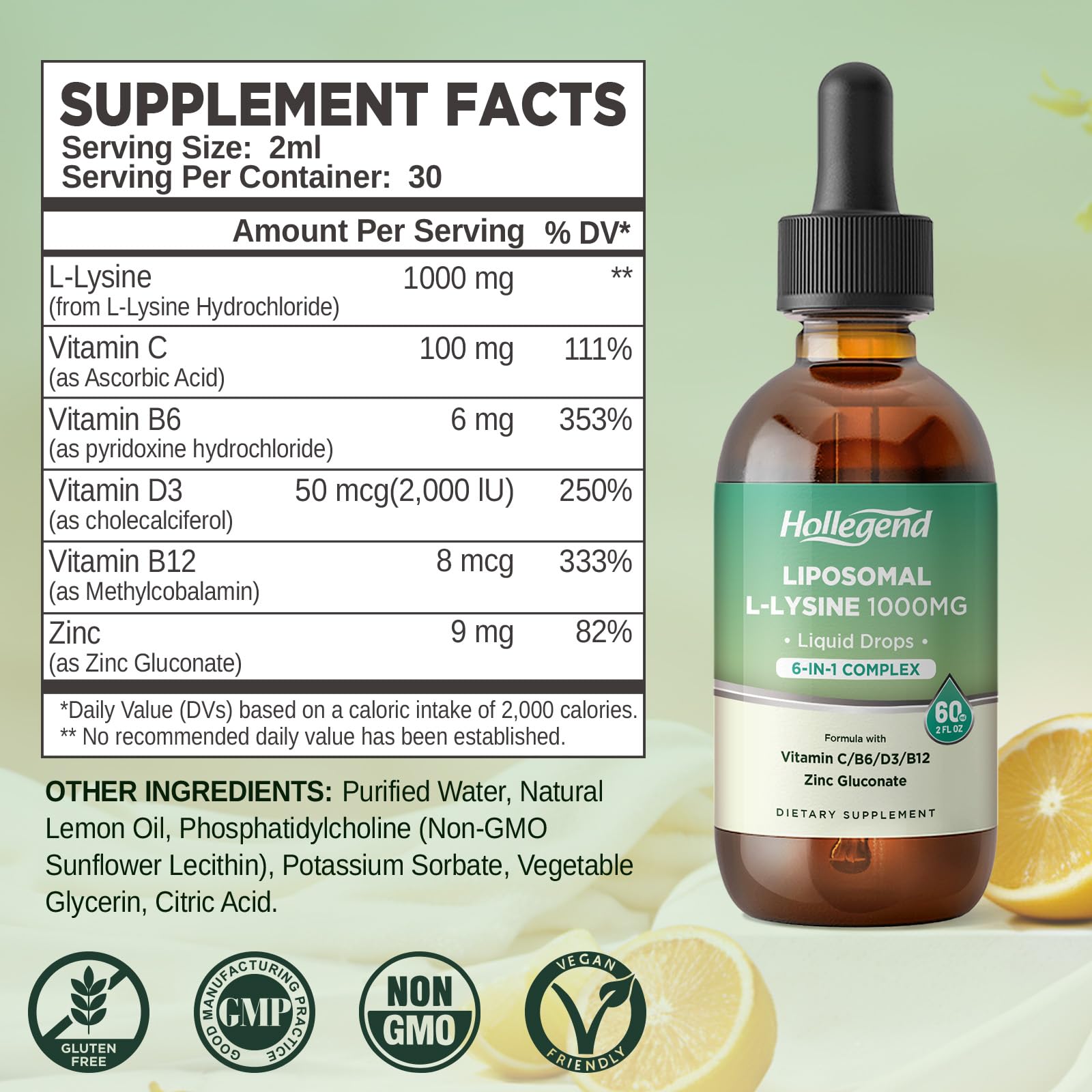 HOLLEGEND lysine liquid drops pour shot showing convenient dosing for easy intake.