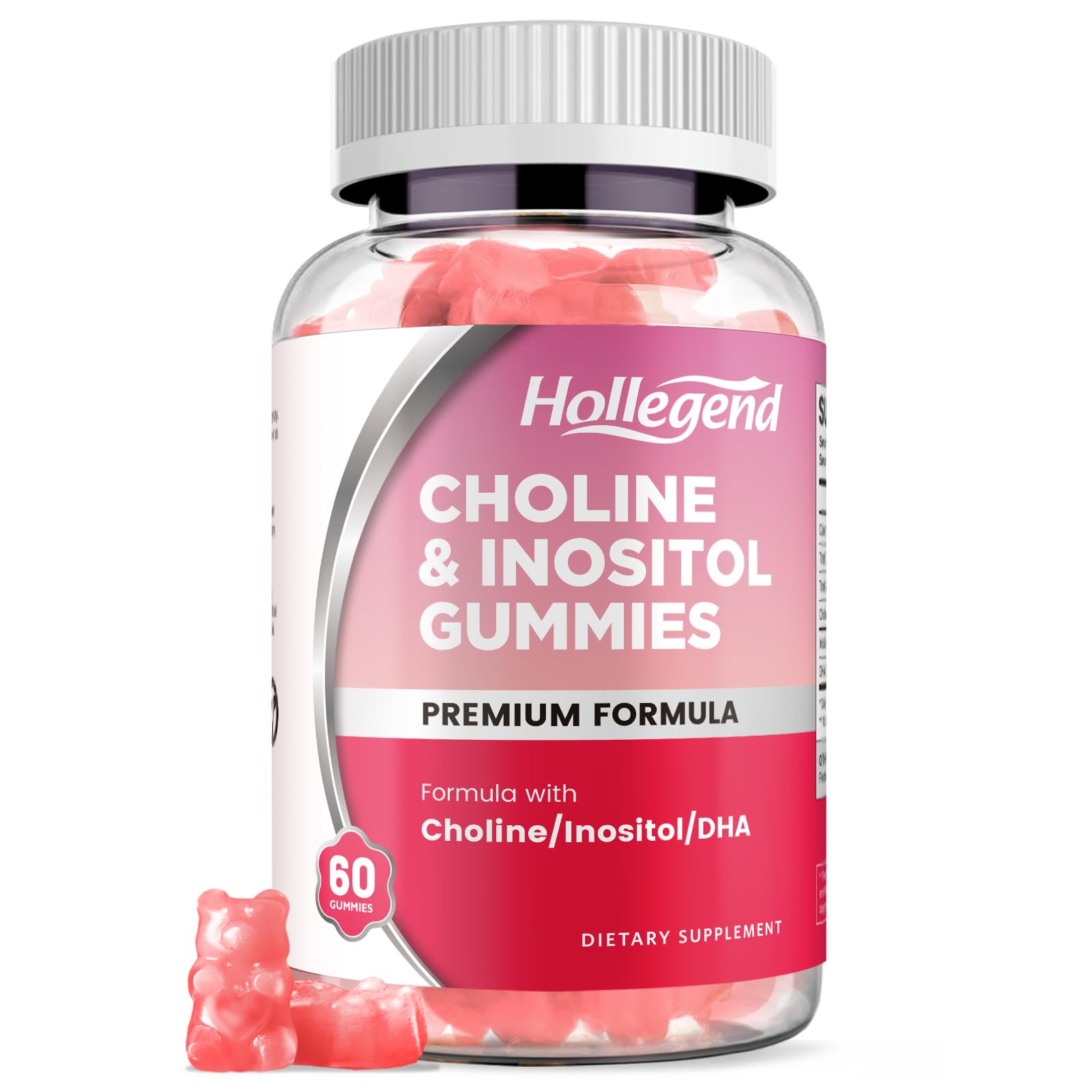HOLLEGEND prenatal gummies strawberry bottle close-up showing vegan formula for nervous system support