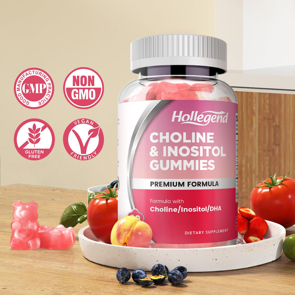 HOLLEGEND strawberry-flavored gummies label highlighting taste and prenatal nutrients