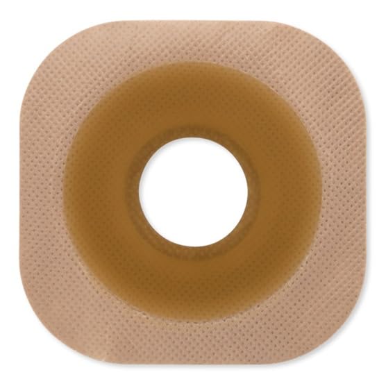 Hollister barrier with beige floating flange to ease abdominal pressure during changes.