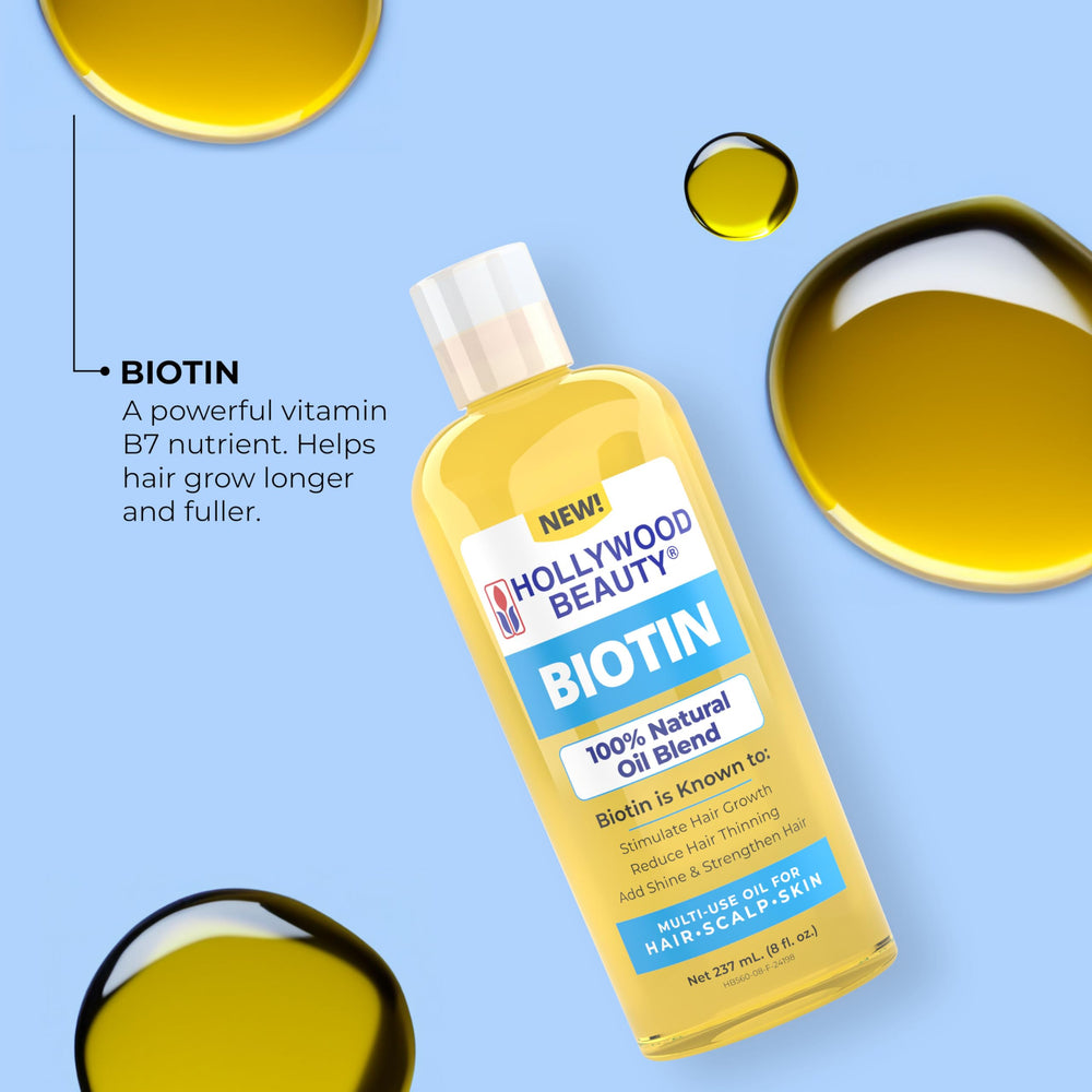 Hollywood Beauty Biotin Oil hair strands close-up showing shine and strength