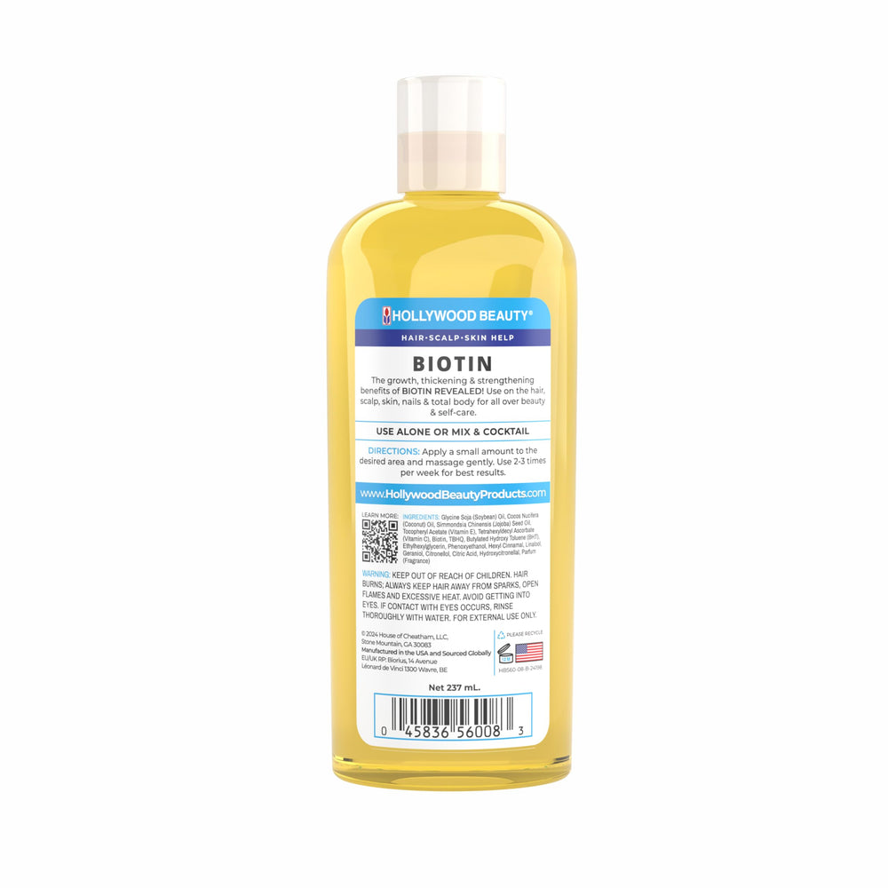Hollywood Beauty Biotin Oil ingredients label highlights vitamin B7 and natural oils