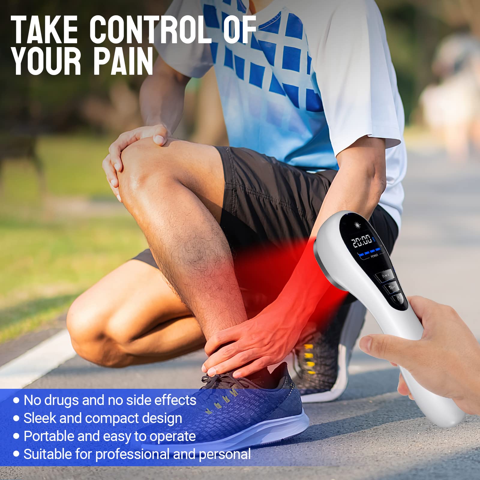 Holsn red light wand applying to wrist/knee for potential comfort.