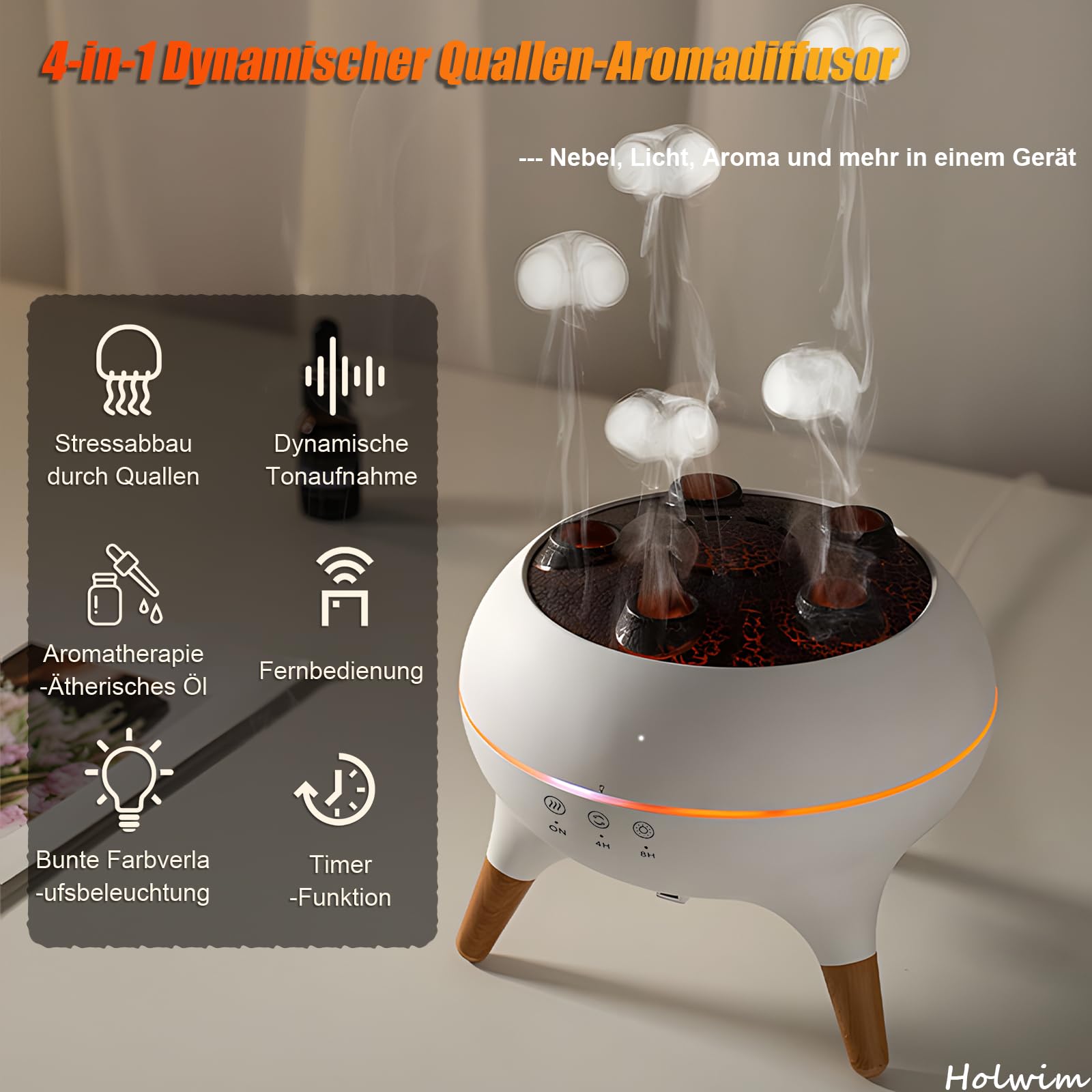 Holwim jellyfish diffuser mist swarms under 7-color LED lighting for mood