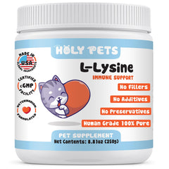 Holy Pets L-Lysine powder cat bottle supports immune health.