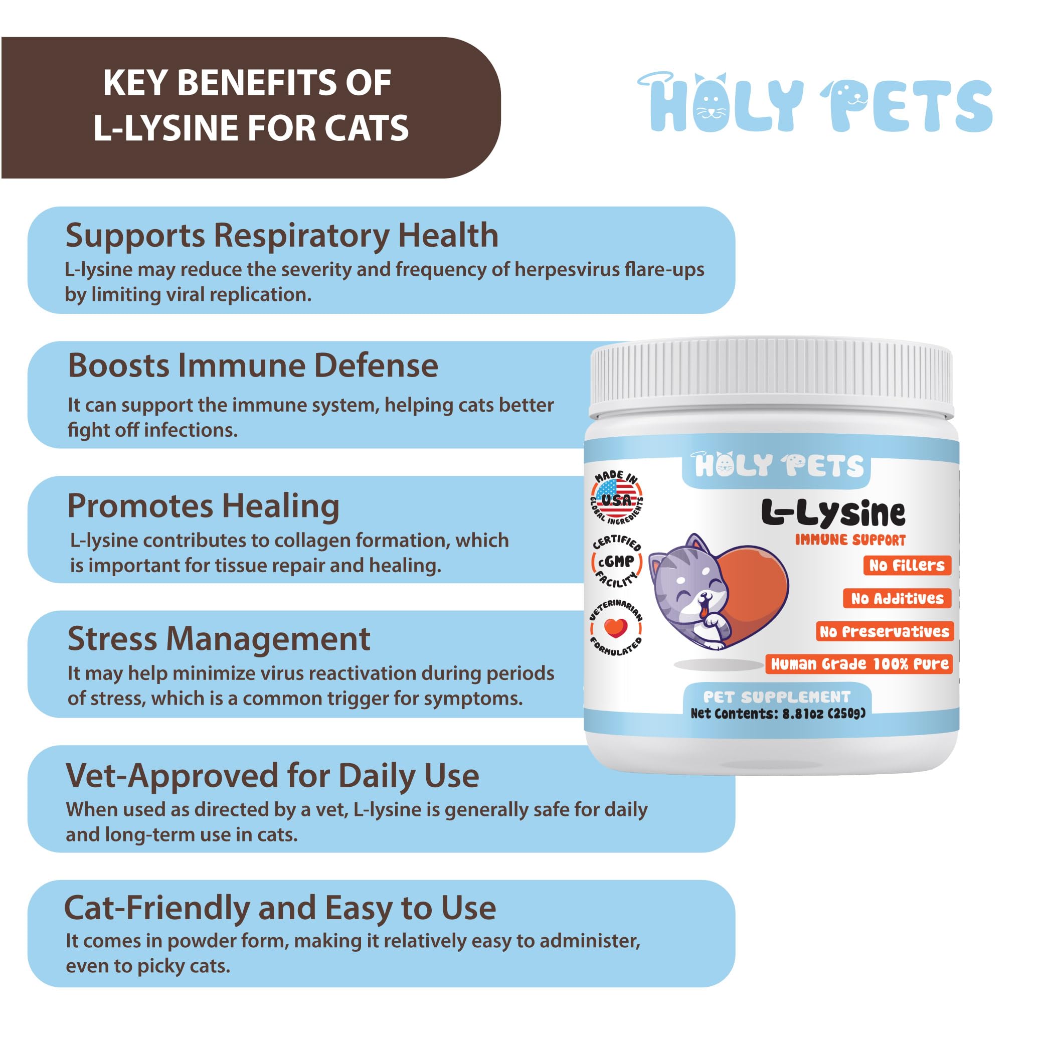 Holy Pets L-Lysine powder scoop shows precise 1,000 mg dosing.