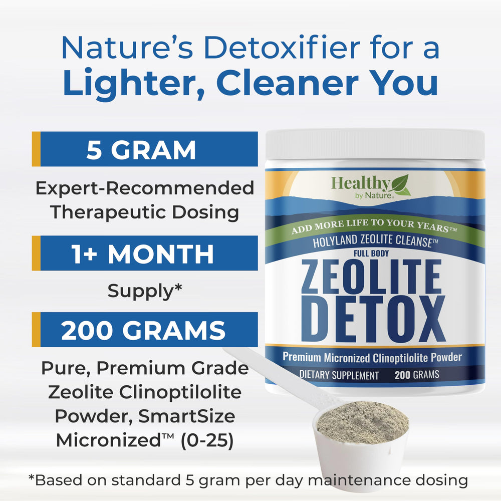 HolyLand Zeolite Cleanse powder jar with scoop shows micronized texture for full-body use.
