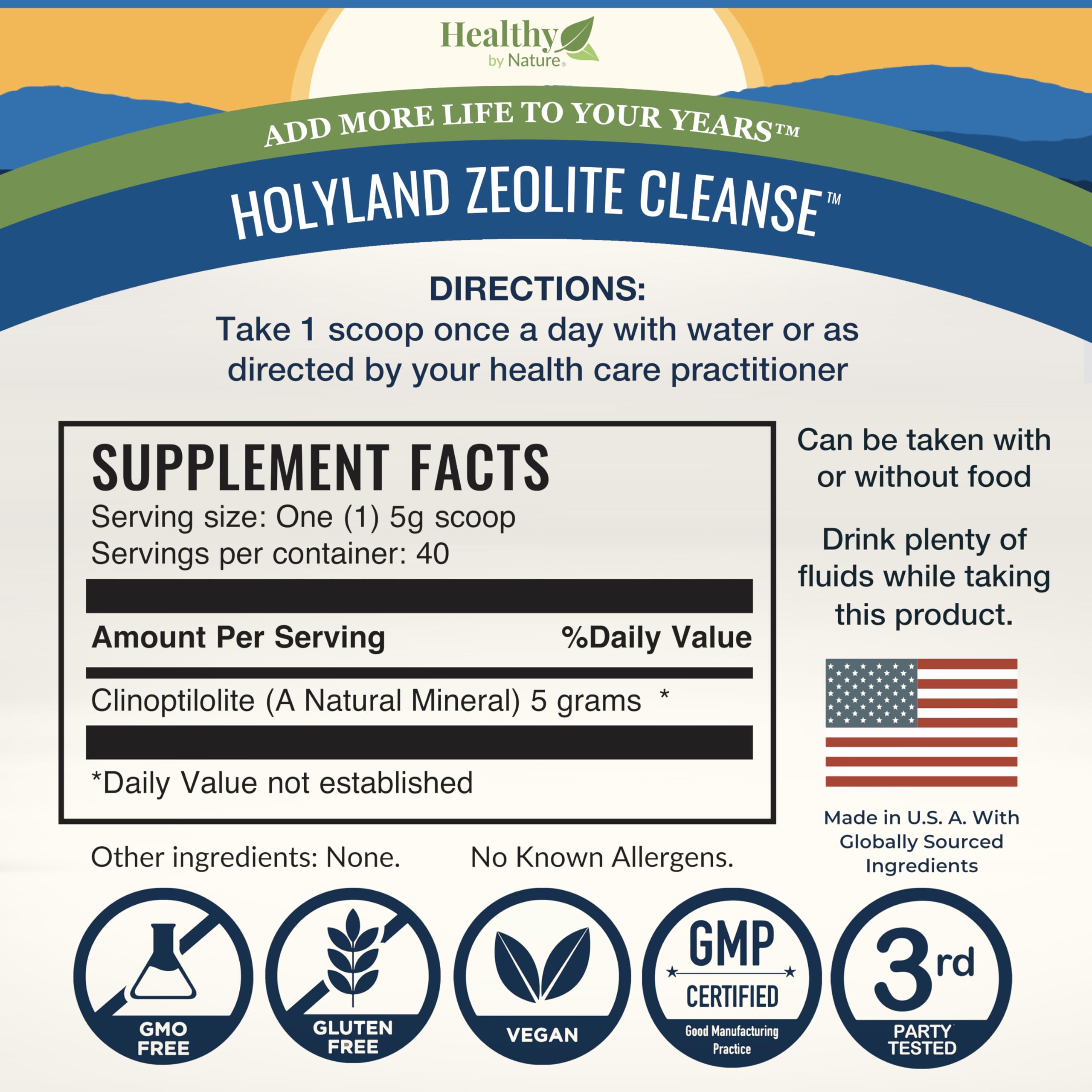 Scoop with glass of water beside HolyLand Zeolite Cleanse jar for daily use.