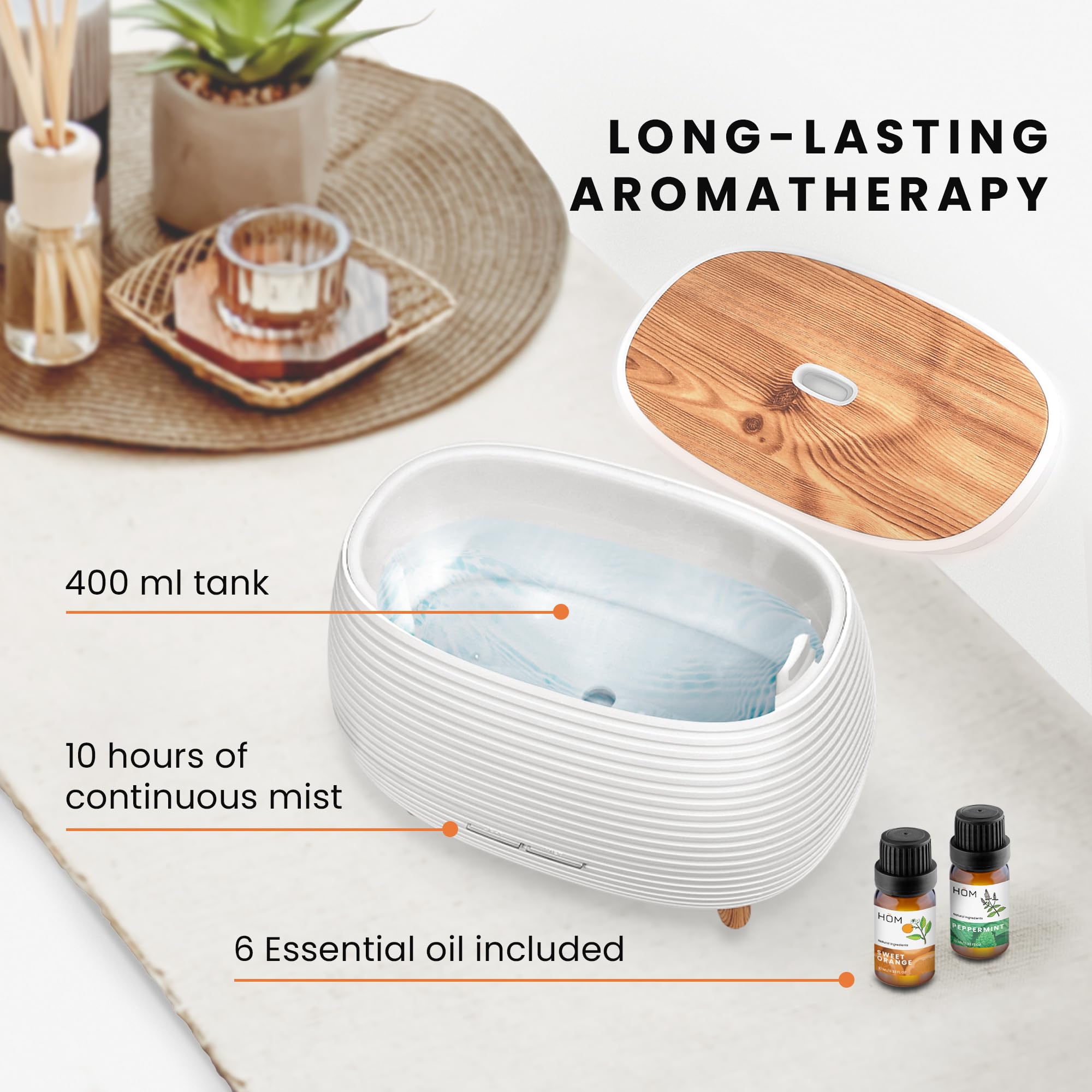 HŌM intermittent mist up to 20 hours conserves oil and maintains mood.