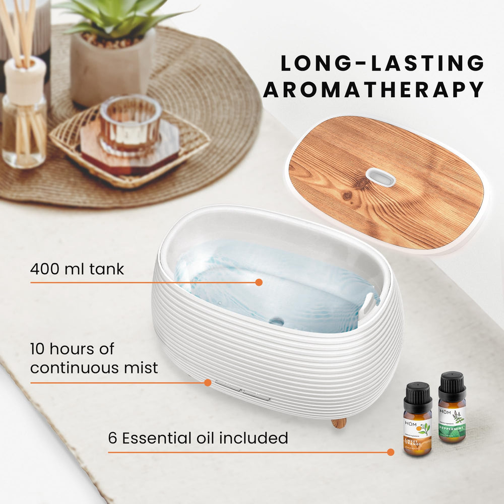 HŌM intermittent mist up to 20 hours conserves oil and maintains mood.